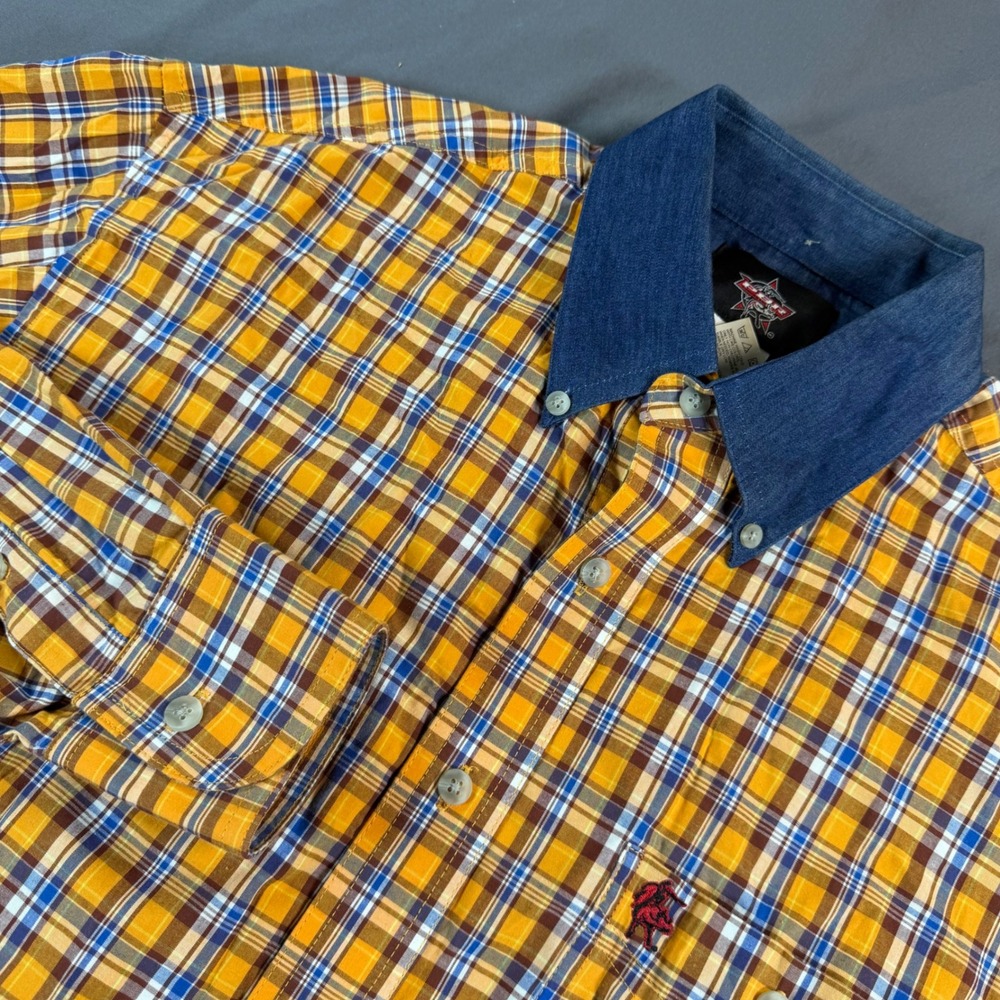 PBR Mens Yellow Plaid Button Down Shirt Denim Collar Western MHS207M Medium